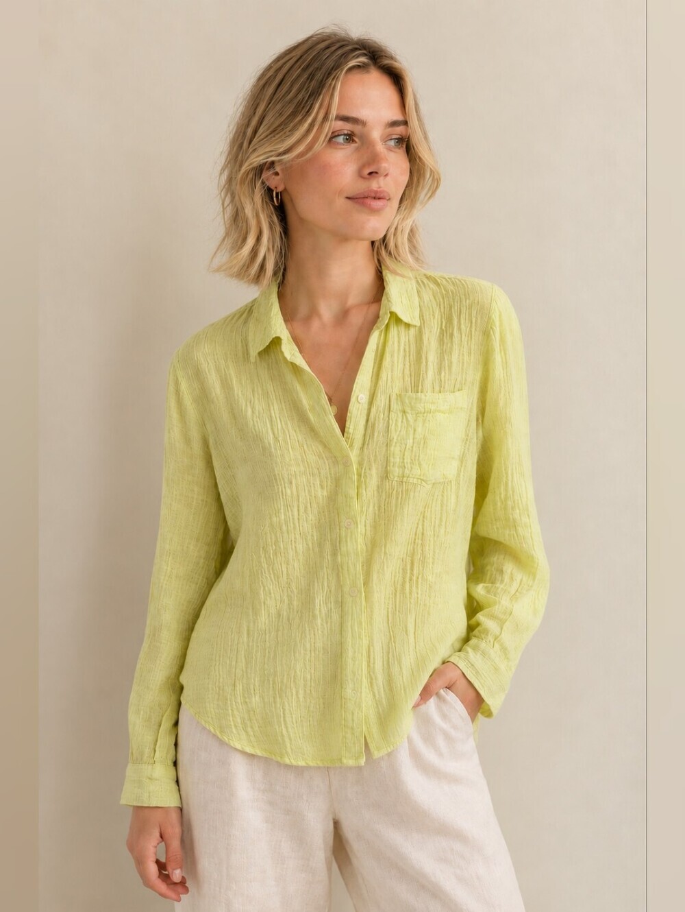 Lucky Brand Gauze Split Back Button Down Shirt Chartreuse